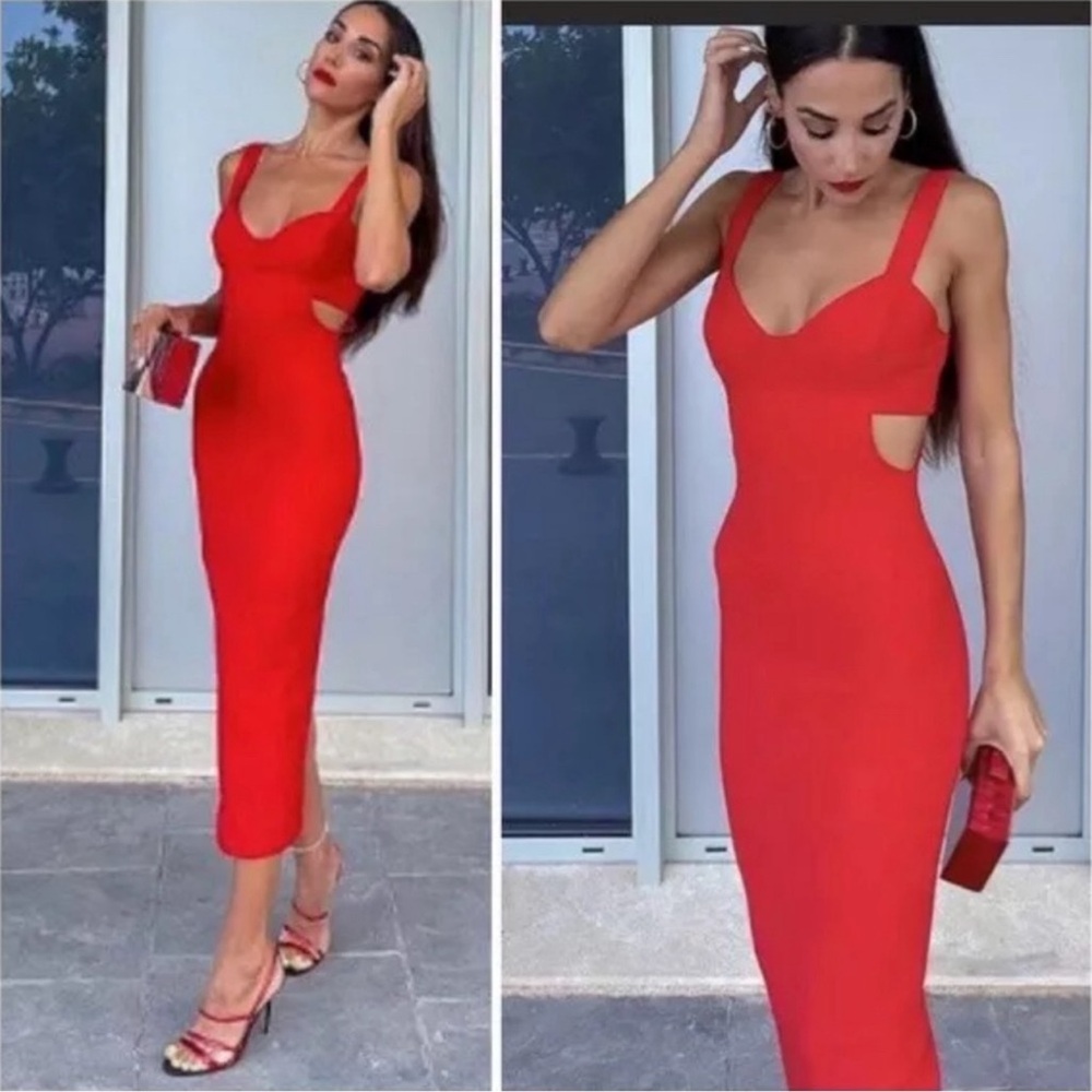 Zara Red Midi Dress with Side Cutouts. Size M.